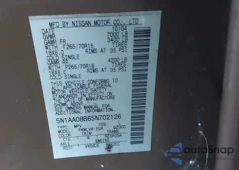 2005 Nissan Armada Le z USA, uszkodzony, nr VIN 5N1AA08B65N702126